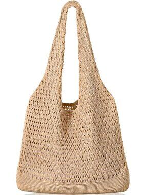 Women's Khaki Crochet Beach Mesh Tote Bag Shoulder Lightweight Shopping Handbag